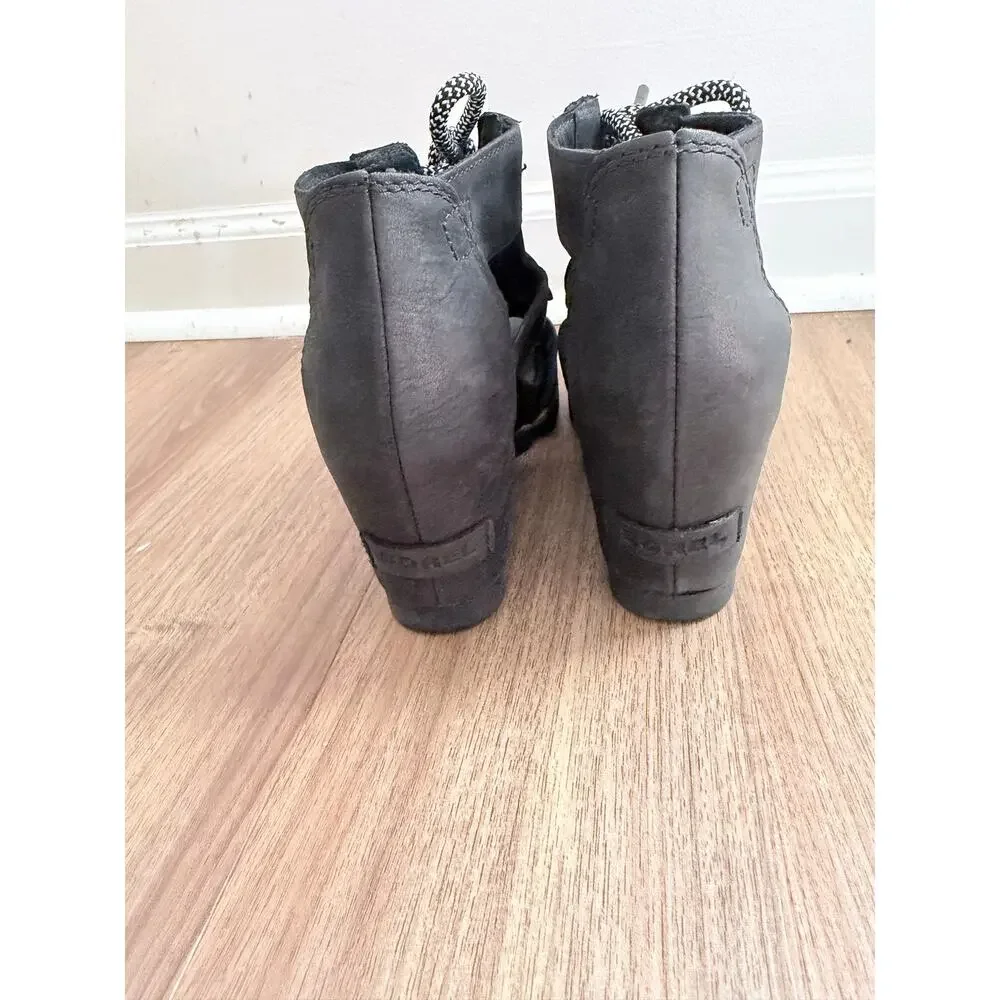 Sorel Joanie Sandal Lace Up Black Leather Wedge Cut Out Peep Toe-Size 7.5